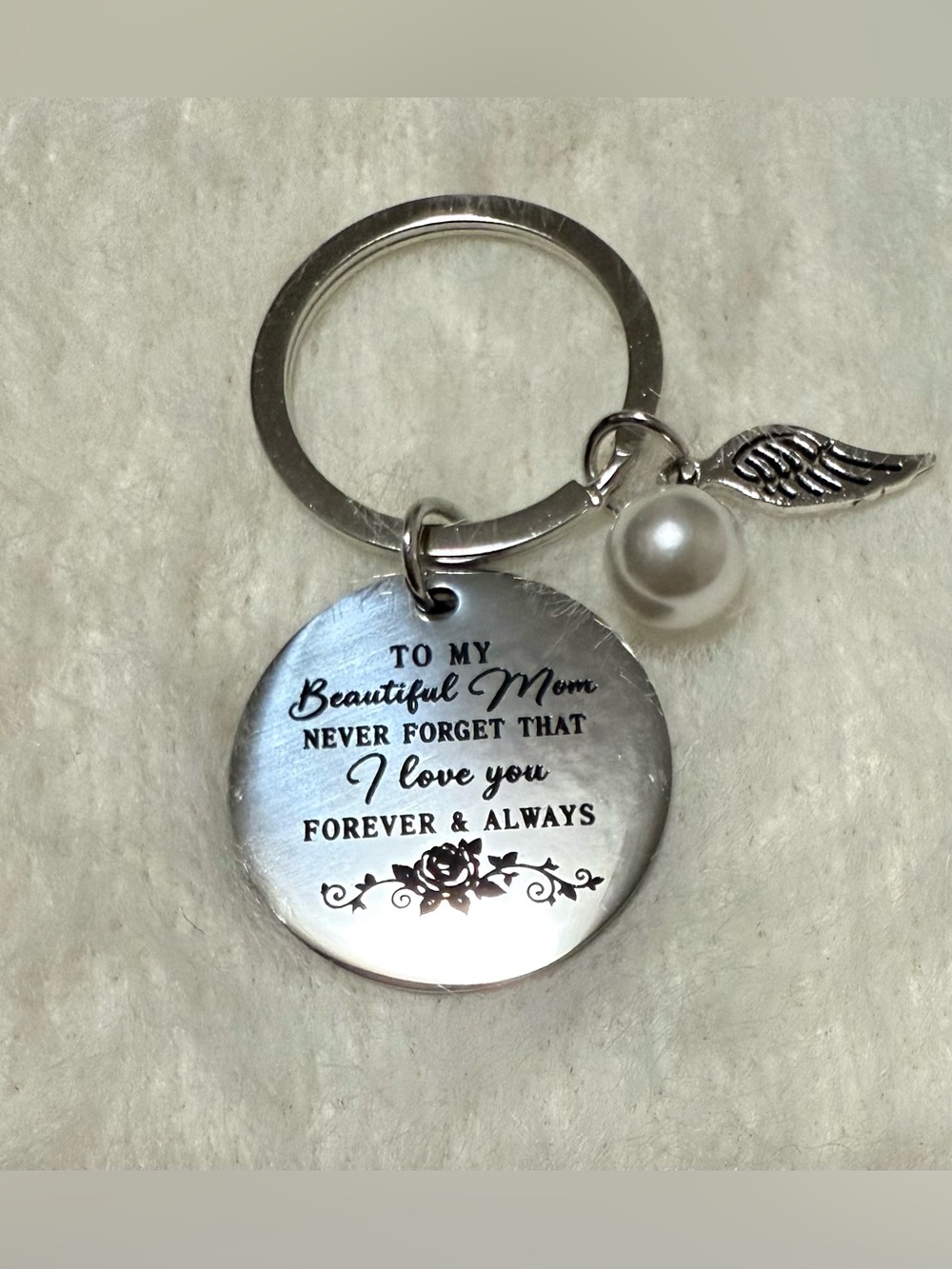 "To My Beautiful Mom" Silver Sentiment Keychain with Pearl Charm